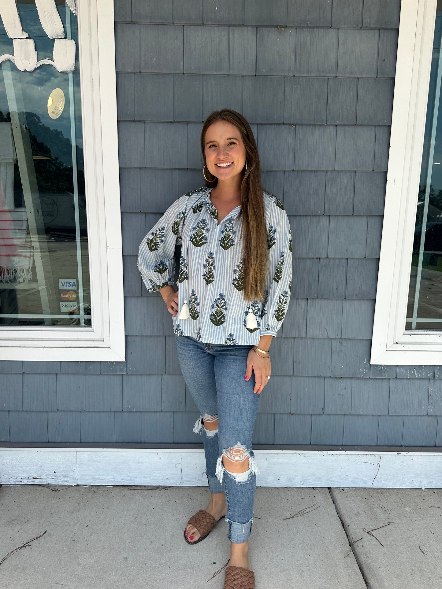 Blue Striped Flower Print Top