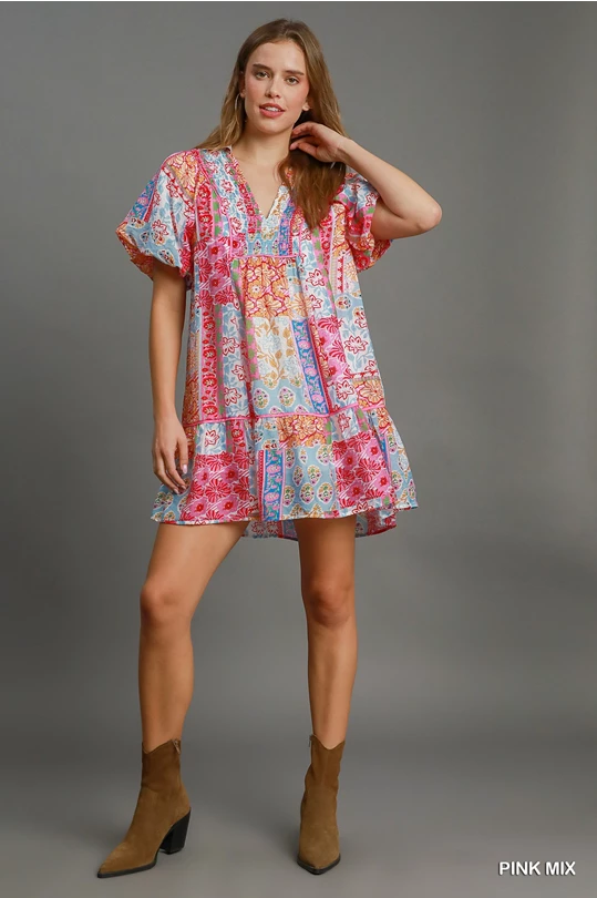 Pink Patchwork Print Smocked Mini Dress