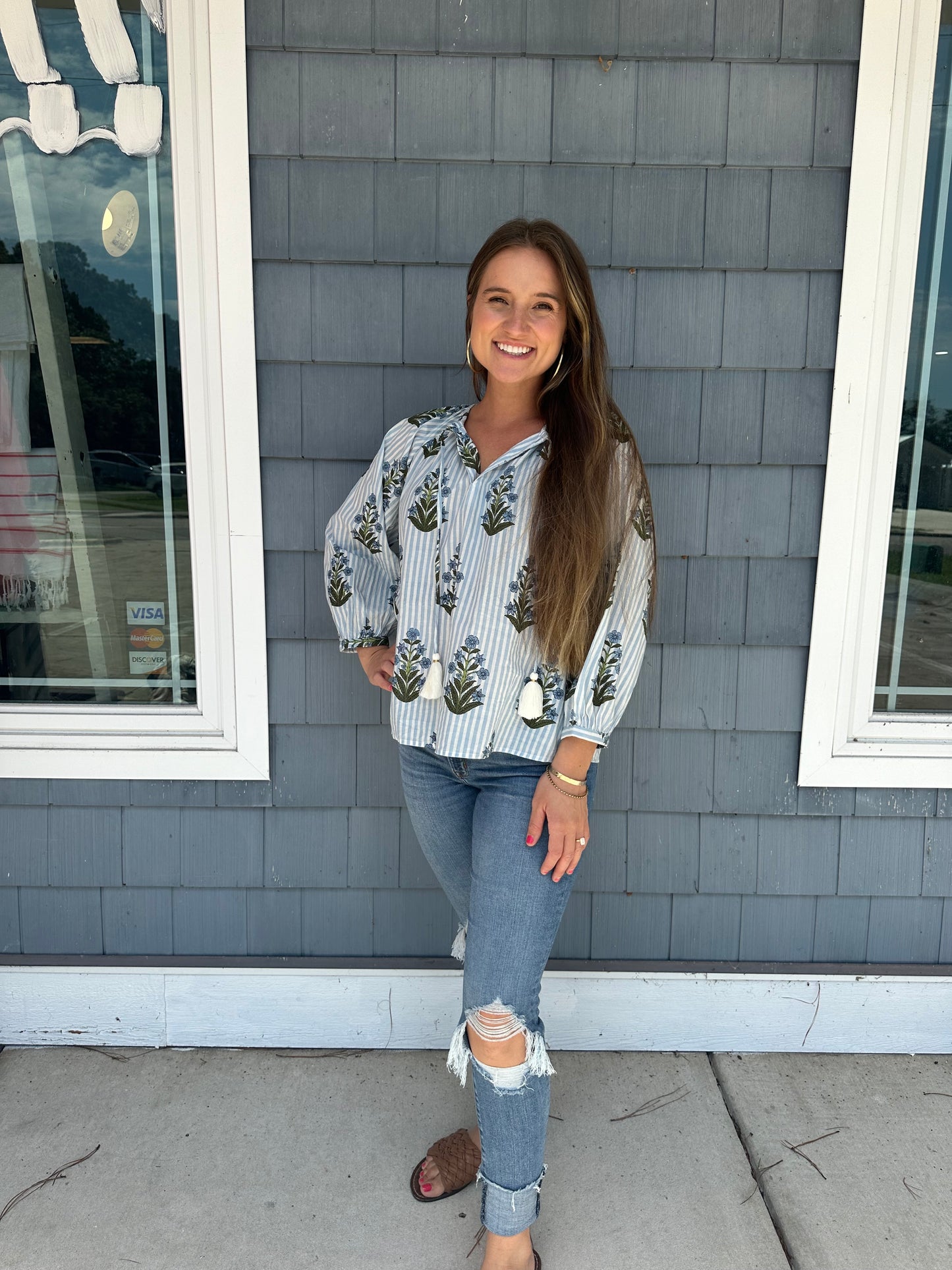 Blue Striped Flower Print Top