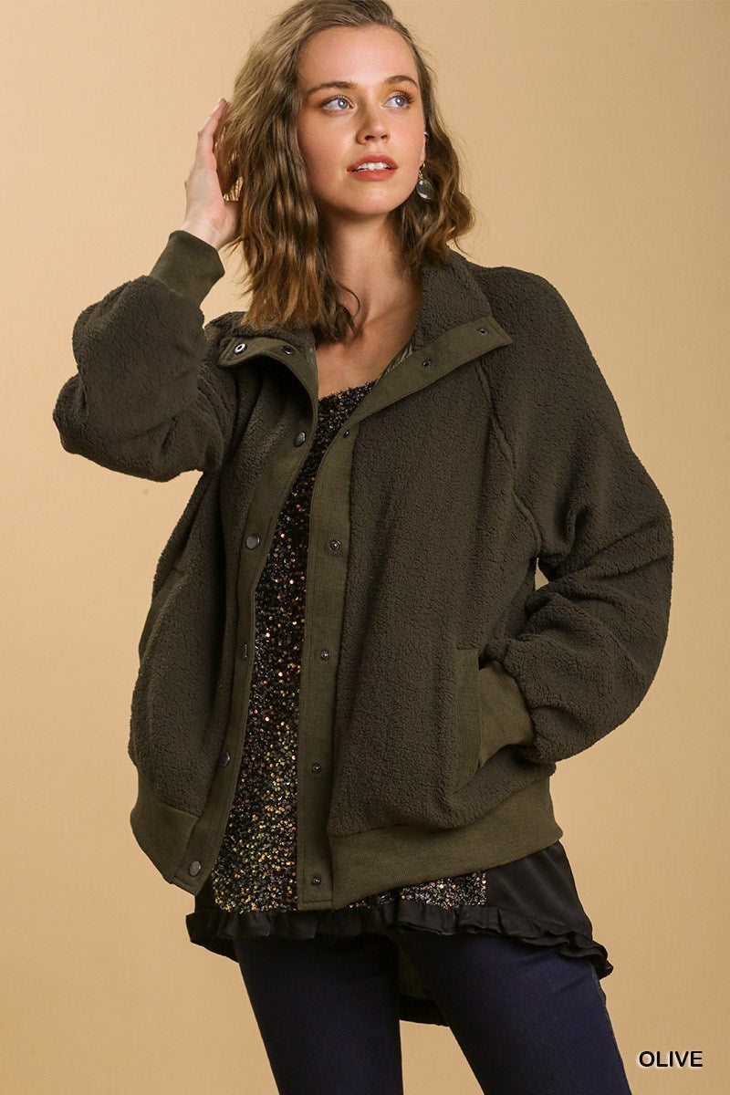 Olive Sherpa Button Up Jacket