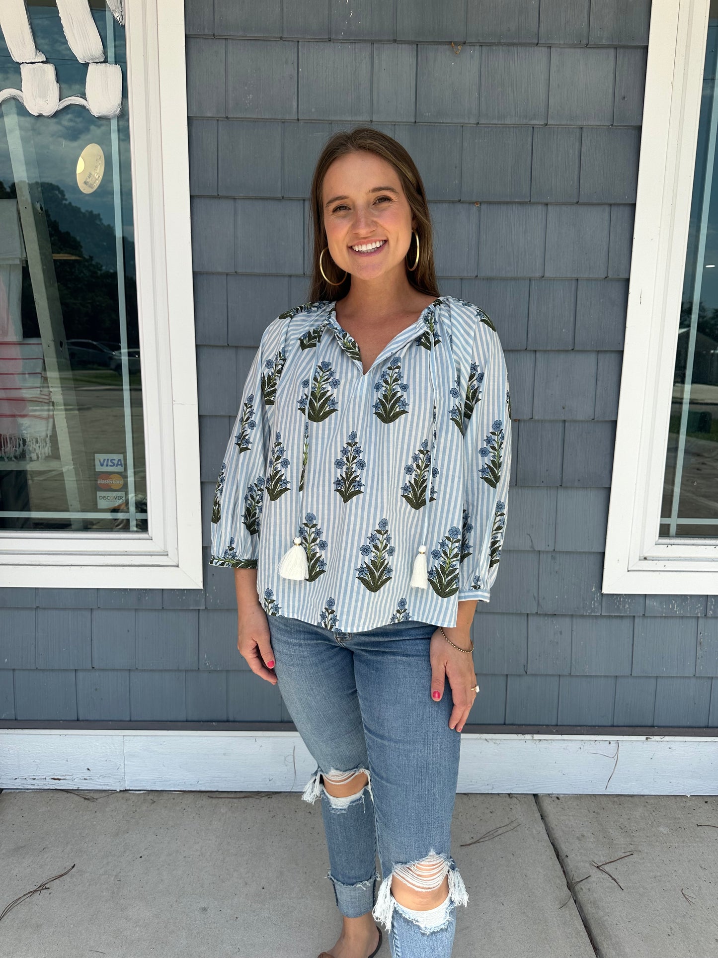 Blue Striped Flower Print Top