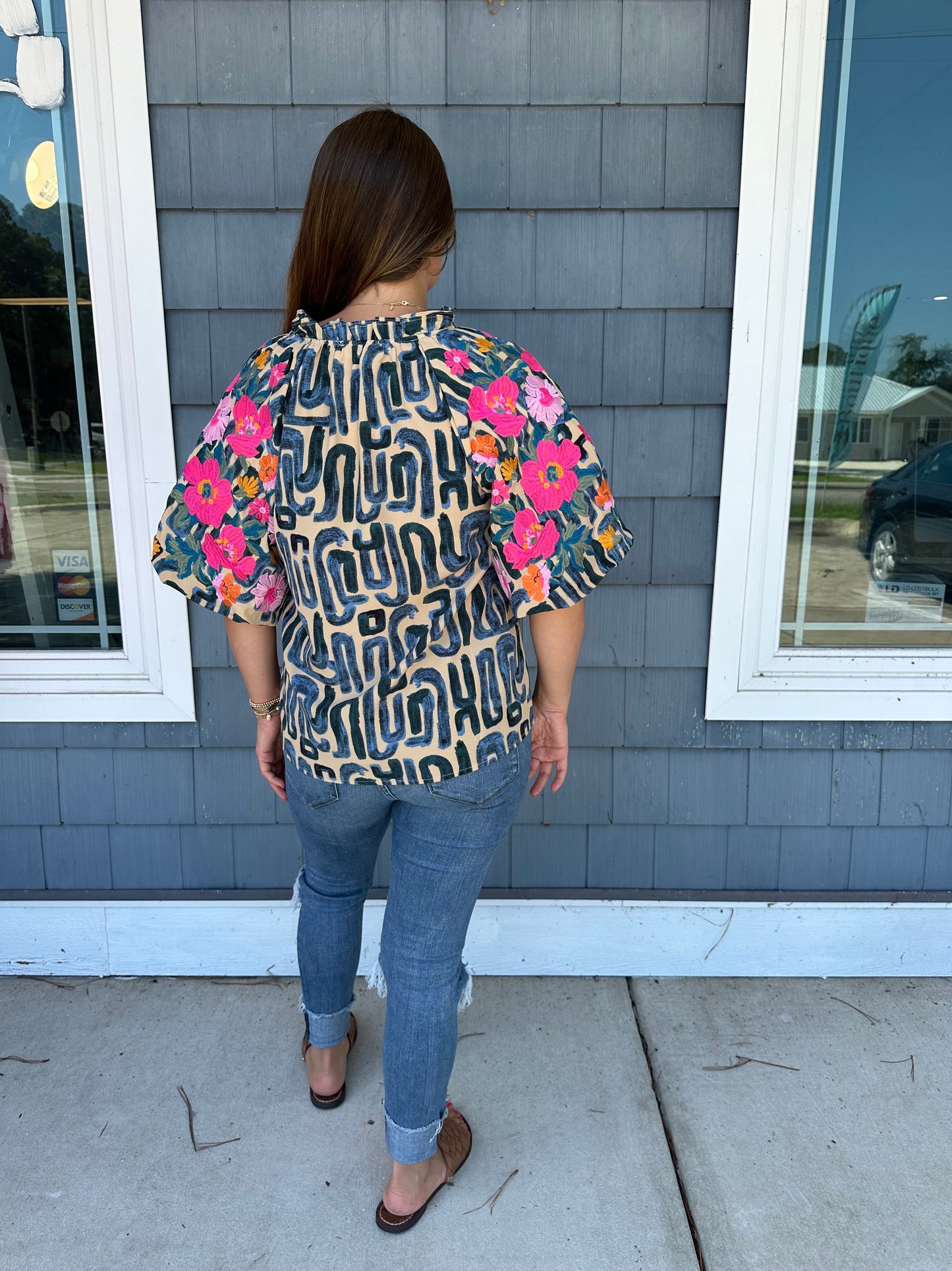 Embroidered Puff Sleeve Print THML Top