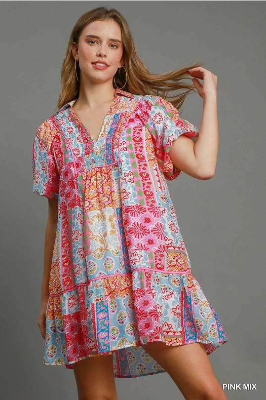 Pink Patchwork Print Smocked Mini Dress