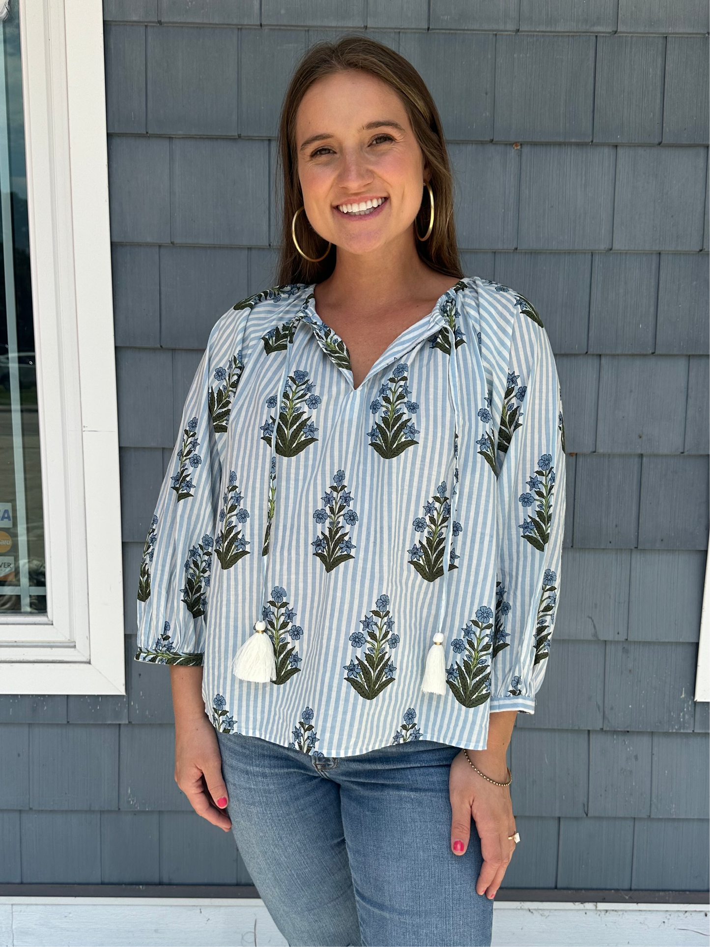 Blue Striped Flower Print Top