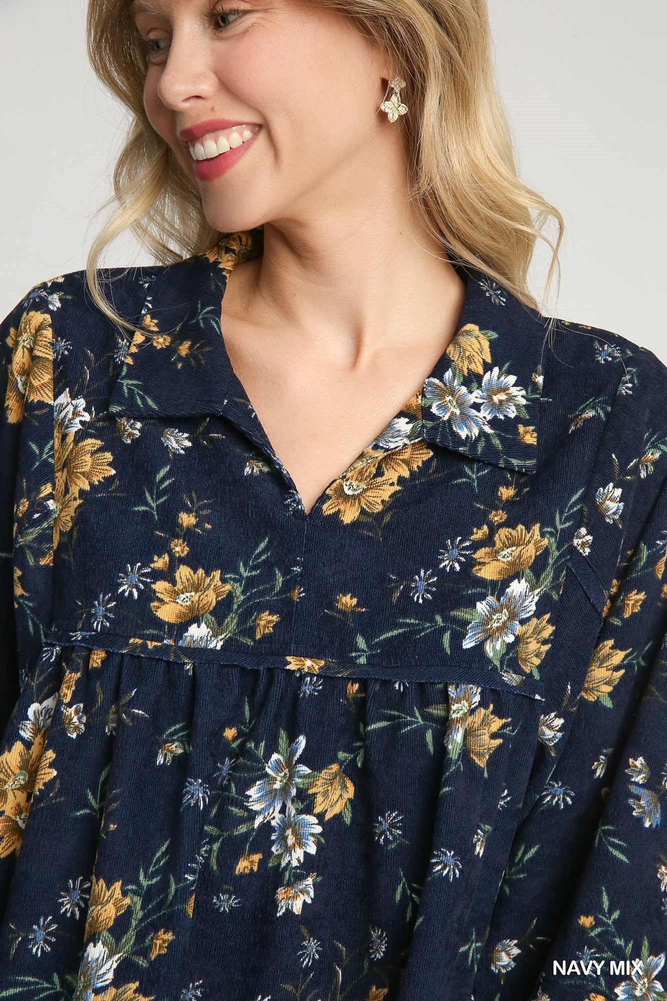 Navy Floral Corduroy Dress