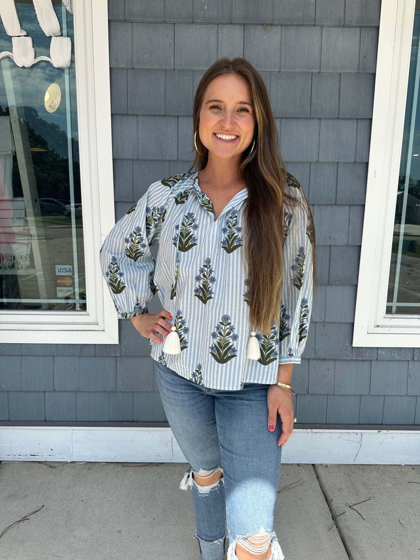 Blue Striped Flower Print Top