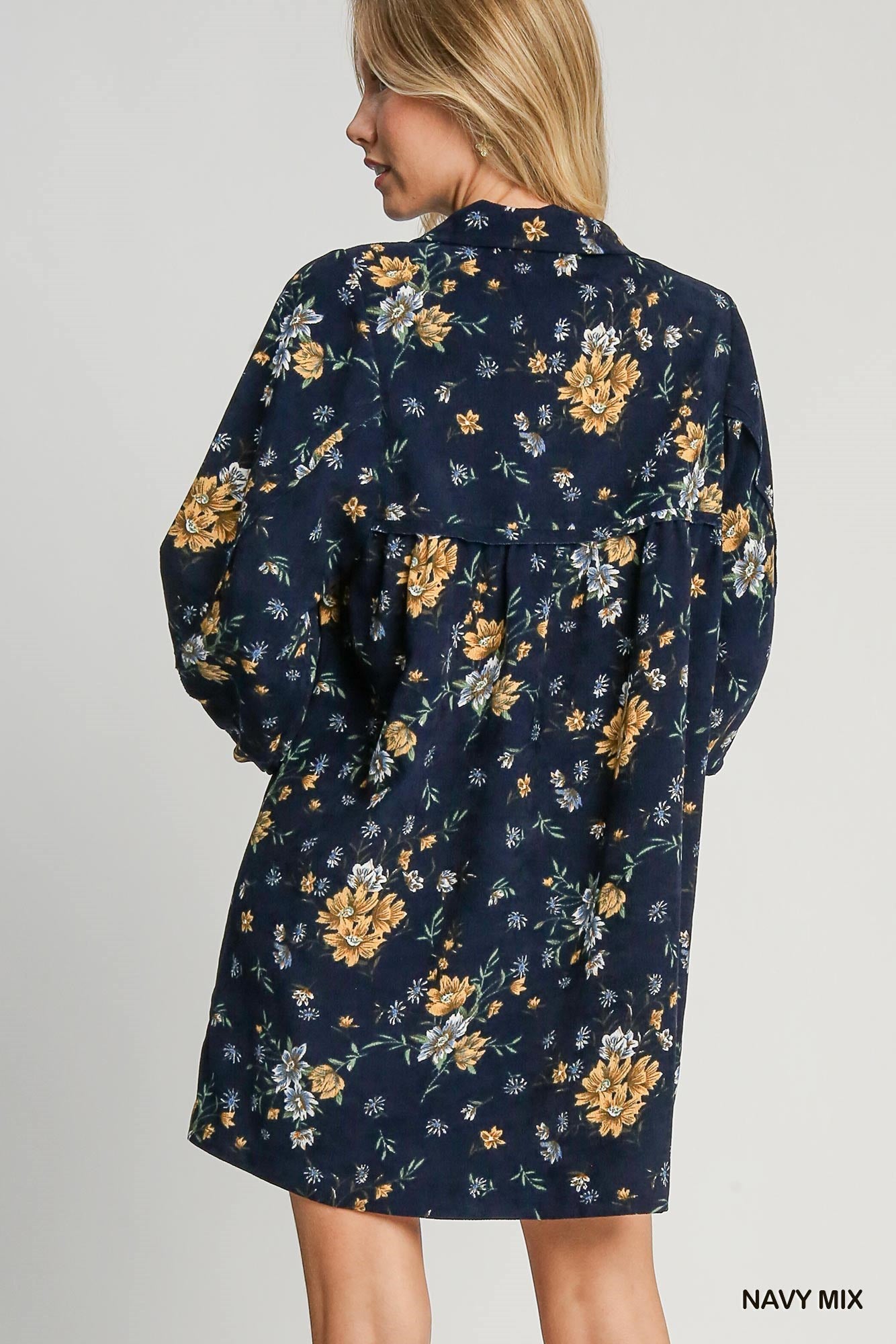 Navy Floral Corduroy Dress