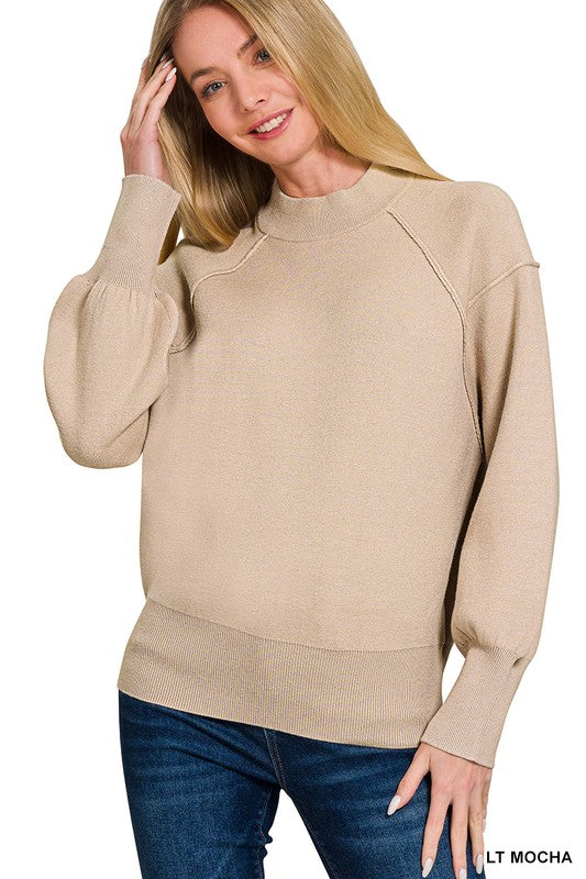 Light Mocha Mock Neck Exposed Seam Sweater