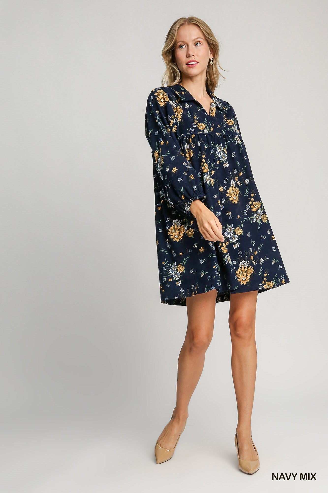 Navy Floral Corduroy Dress